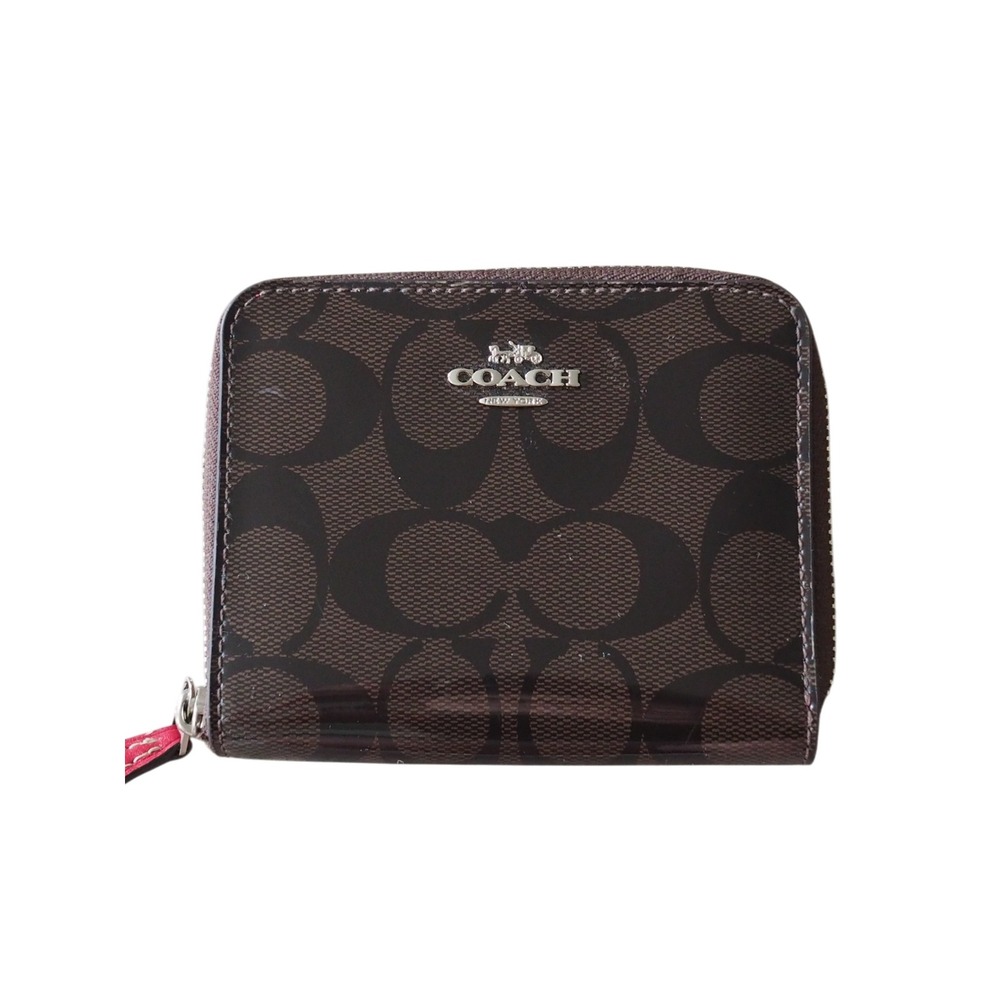Coach Small Signature Patent Leather Zip Around Wallet in Brown Red Interior
